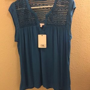 NWT blue top with crochet detail